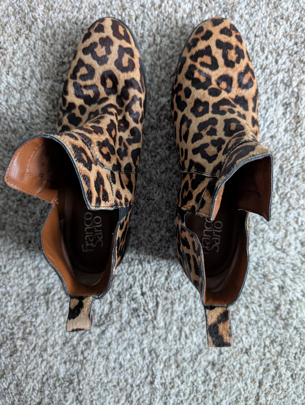 Frank Sarto Leopard‎ Print Leather Ankle Chelsea Boots - Tan/Black Sz 9.5